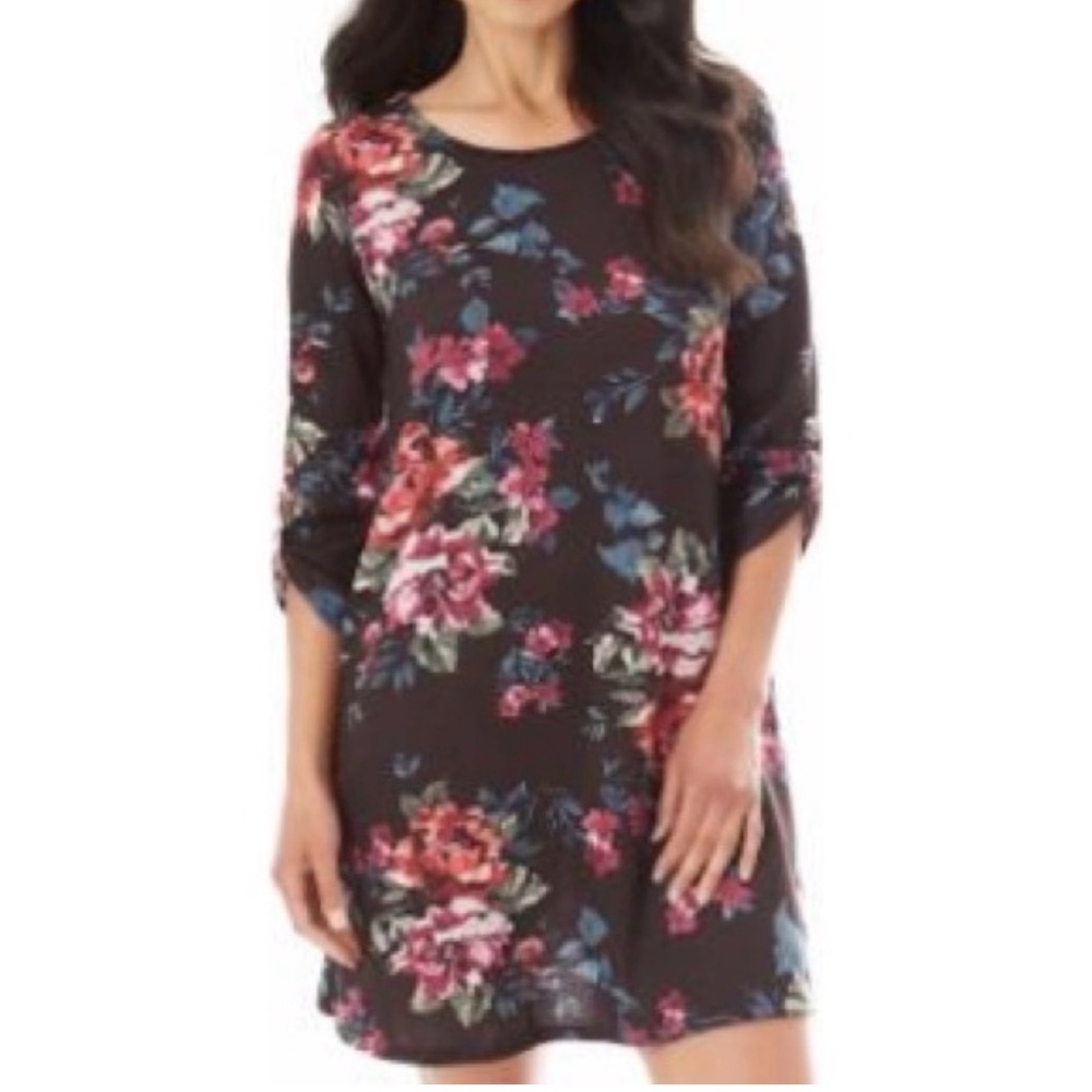 Apt. 9 Black Spring Floral Shift Dress XL 3/4 Sleeve Casual Stretch Soft Knit
